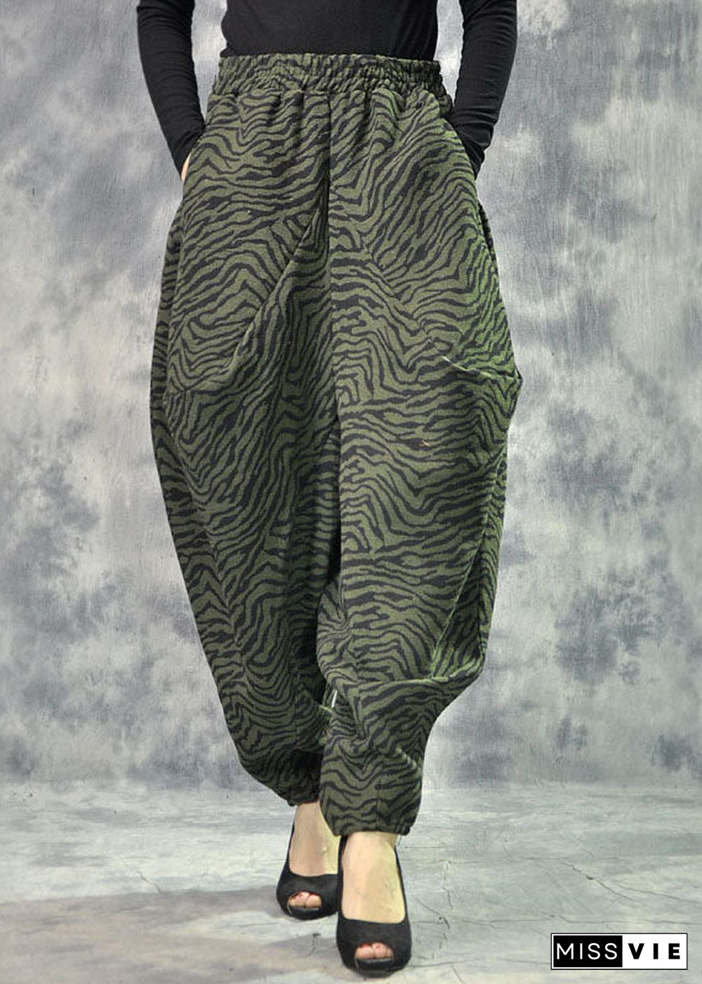 Art Green Pockets Print lantern Thick Fall Winter Pants