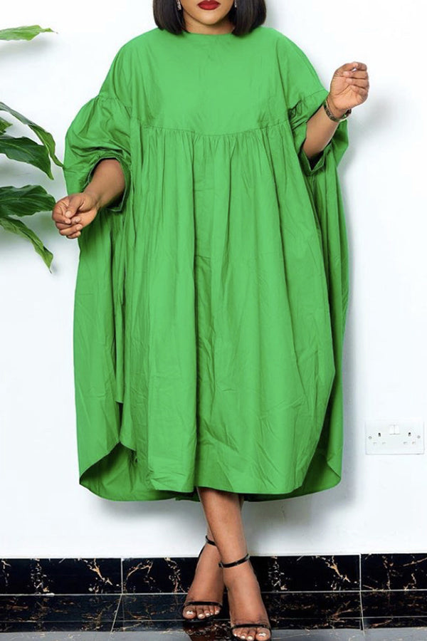 Casual Loose Solid Color Ruffle Plus Size Midi Bat Dress