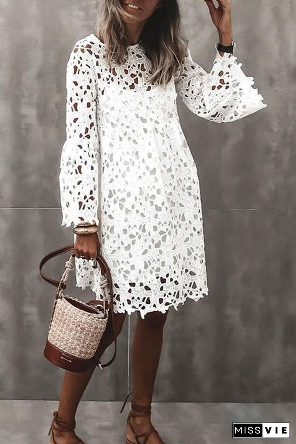 Lace Flare Sleeve Two Pieces Dress