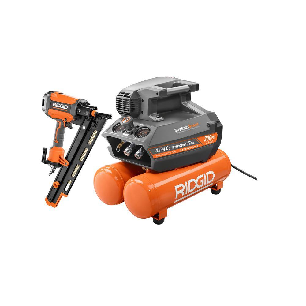 RIDGID 4.5 Gal. Portable Electric Strong Start Air Compressor with 21 3-12 in. Round-Head Framing Nailer OF45200-350RHF