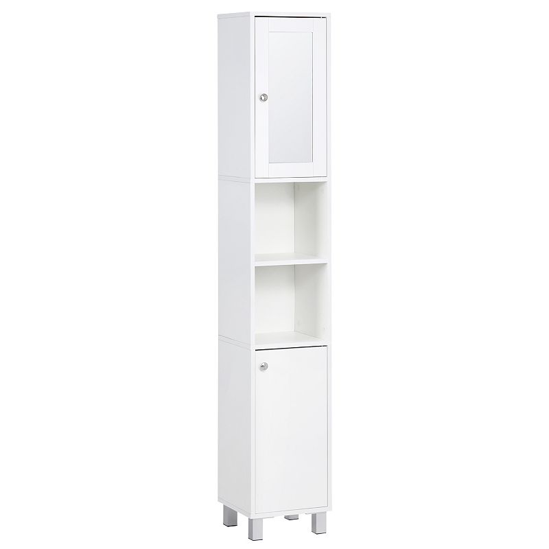 kleankin Tall Bathroom Storage Cabinet with Mirror Wooden Freestanding Tower Cabinet with Adjustable Shelves for Bathroom or Living Room White