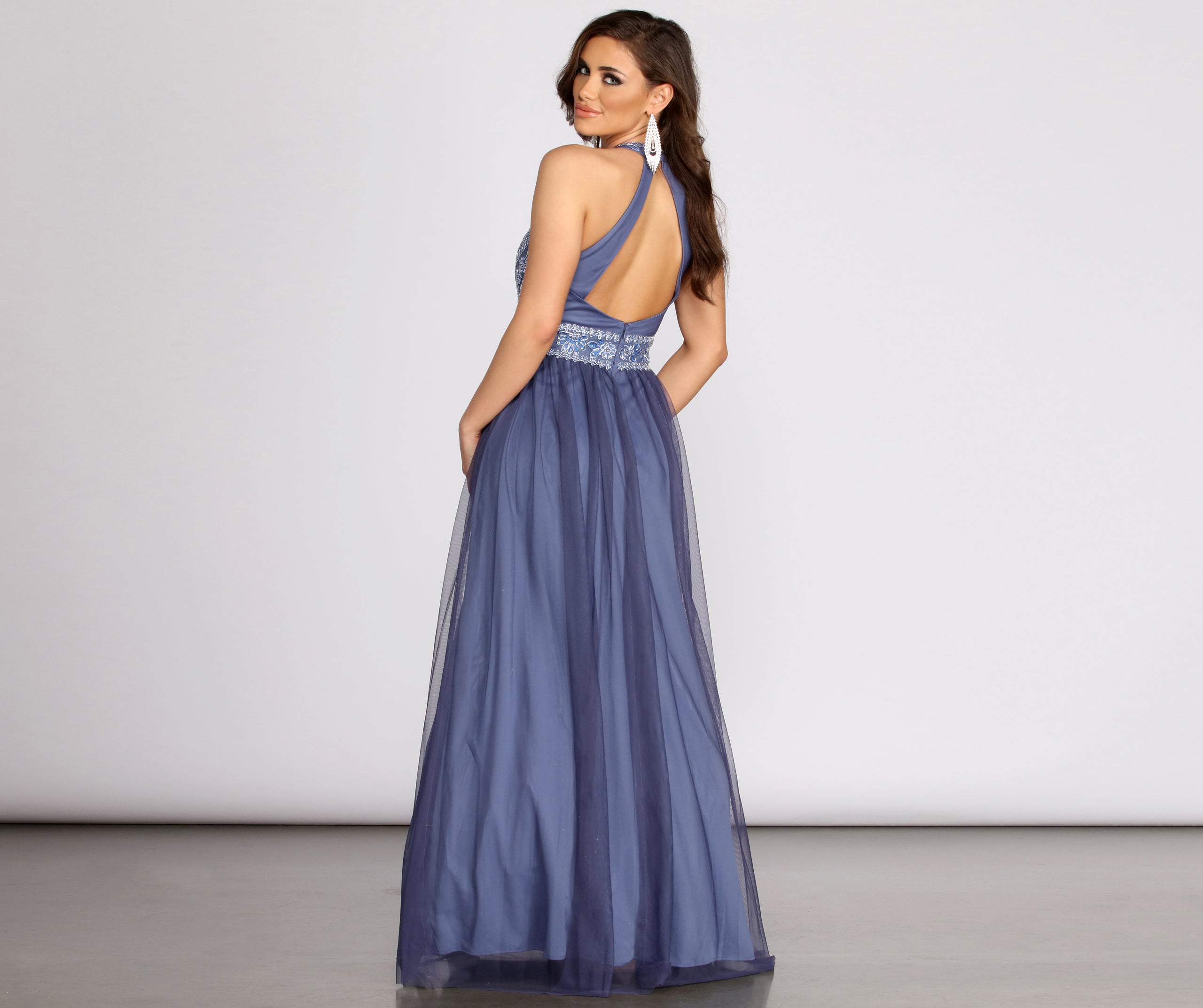 Taji Halter Applique Mesh Ball Gown