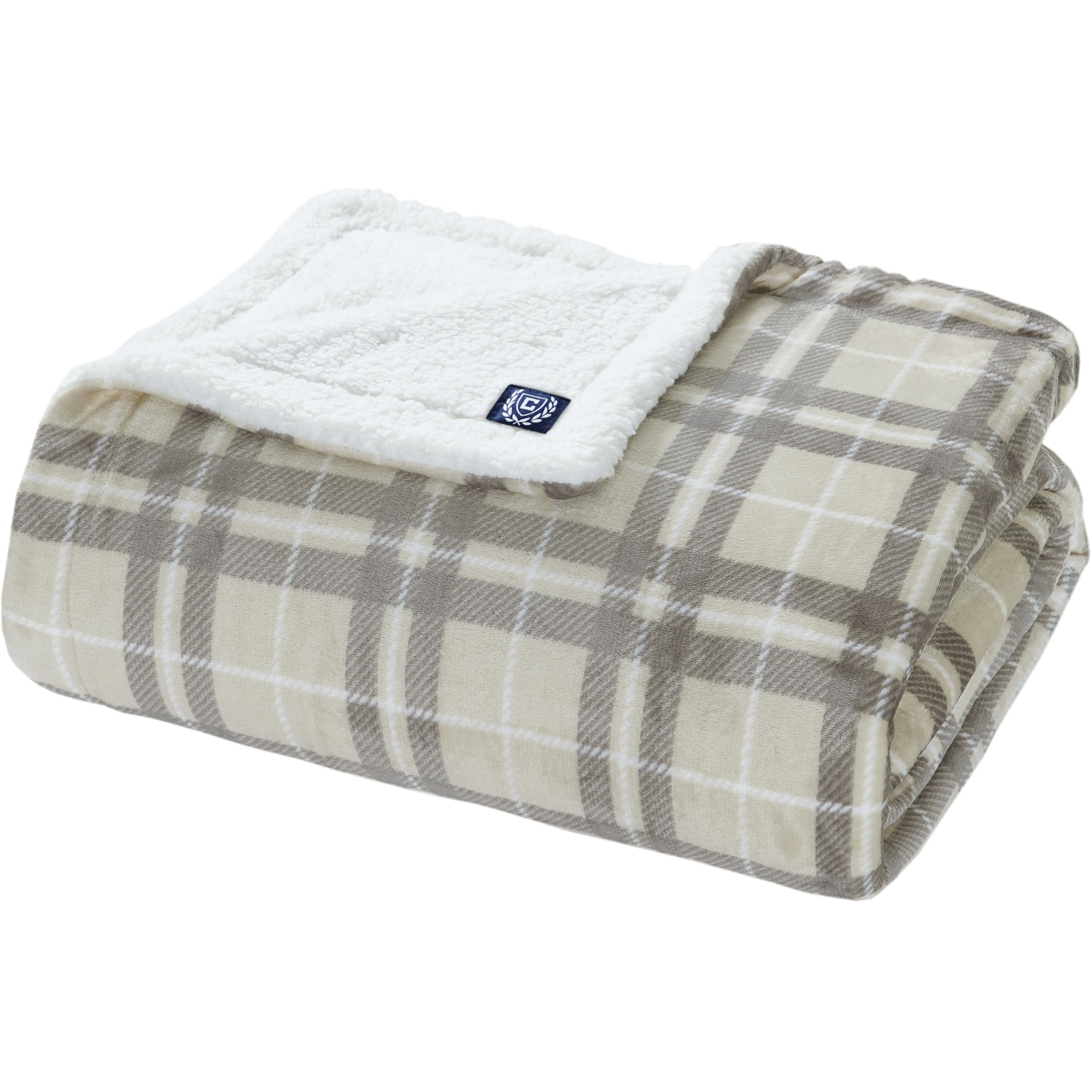 Chaps Sherpa Reverse Plaid Blanket - Twin 60 X 90， Neutral