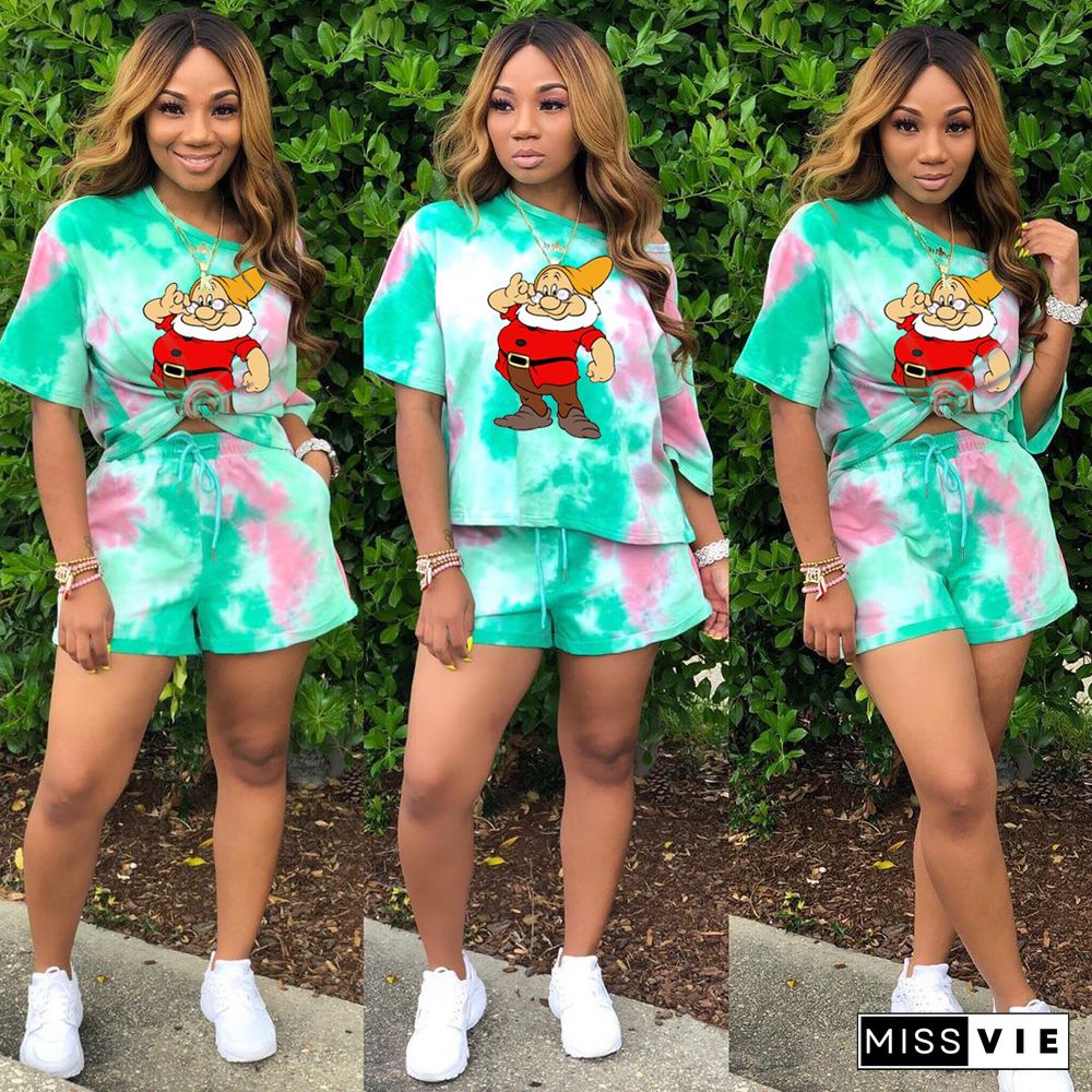 Tie Dye Cartoon Print Casual Two Piece Shorts Set