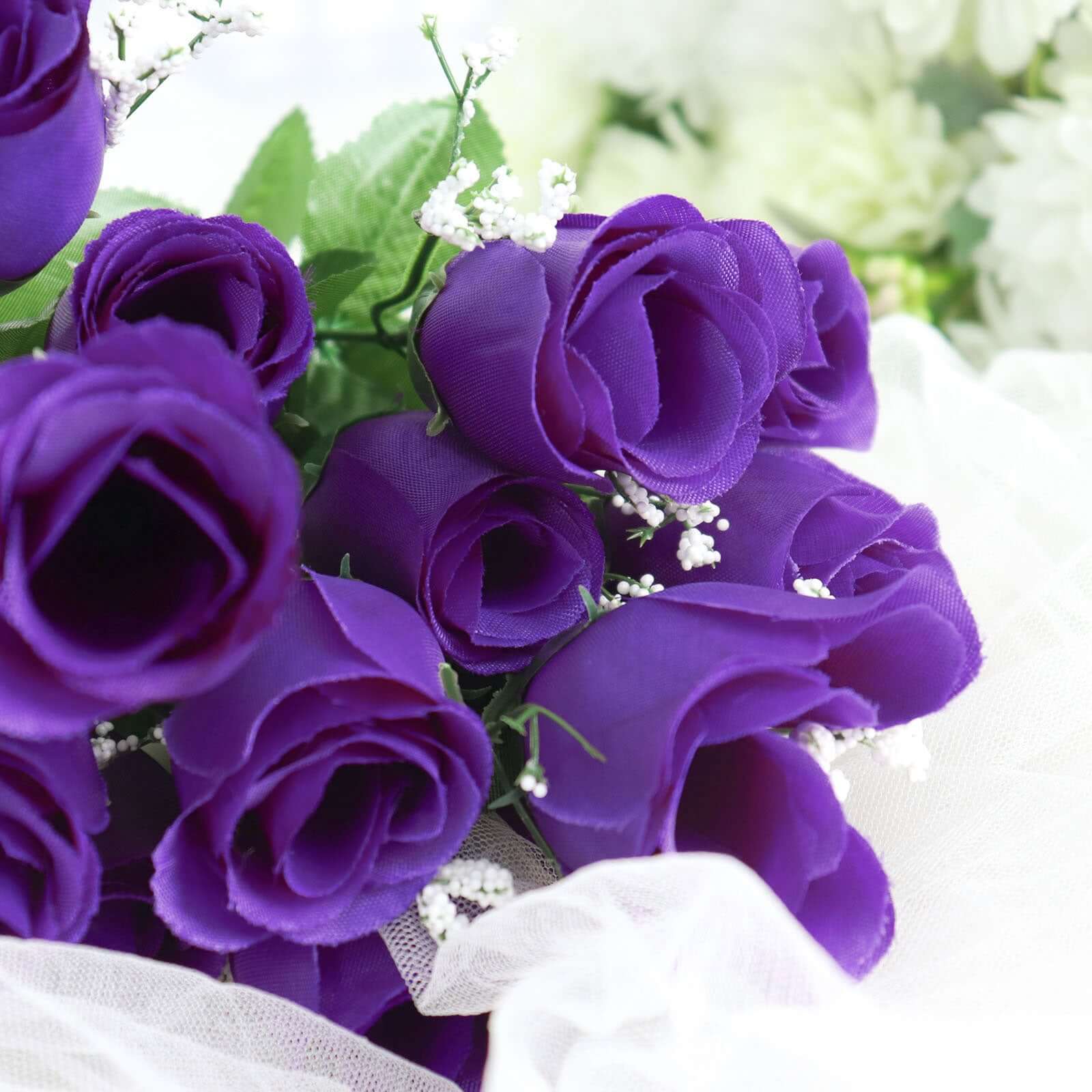 12 Bushes Purple Artificial Premium Silk Flower Rose Bud Bouquets