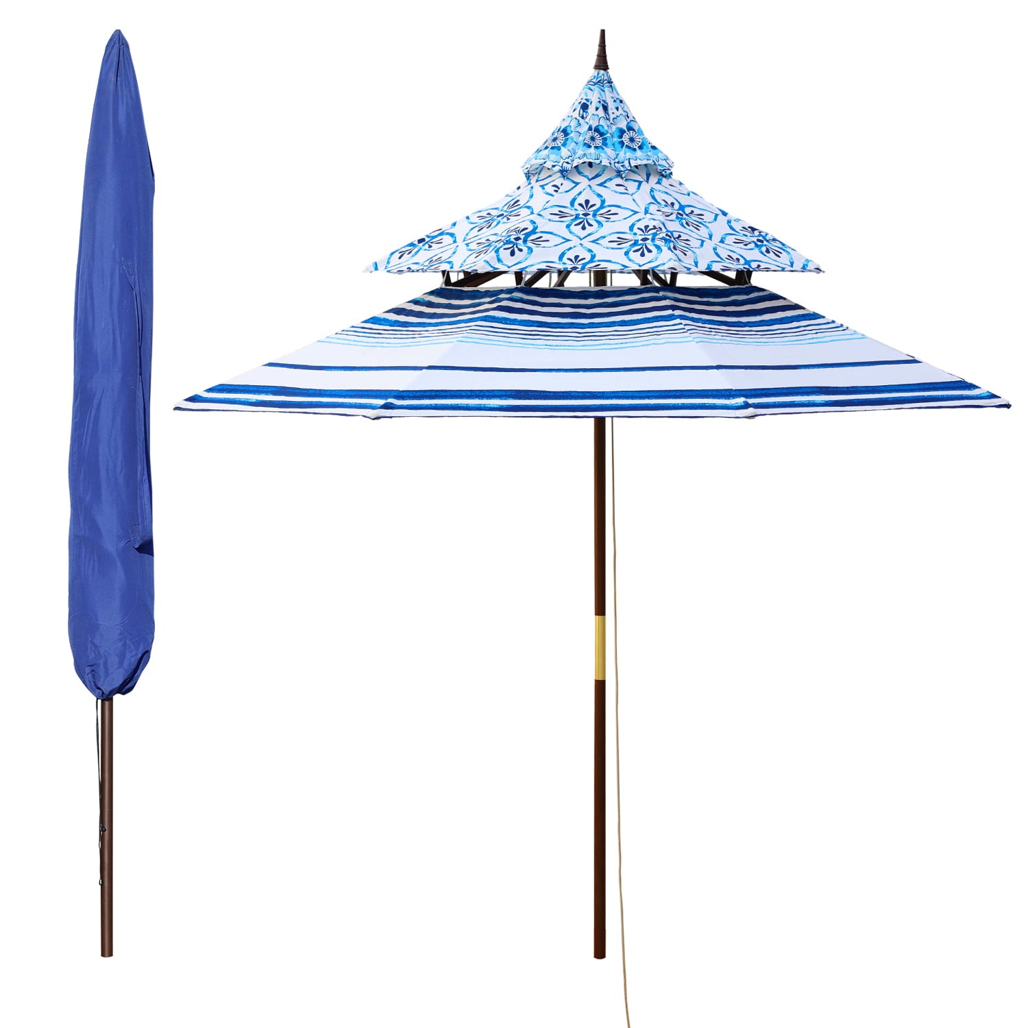 Aoodor 9ft Wooden Patio Table Market Umbrella 3 Tier (Only Umbrella)-Blue