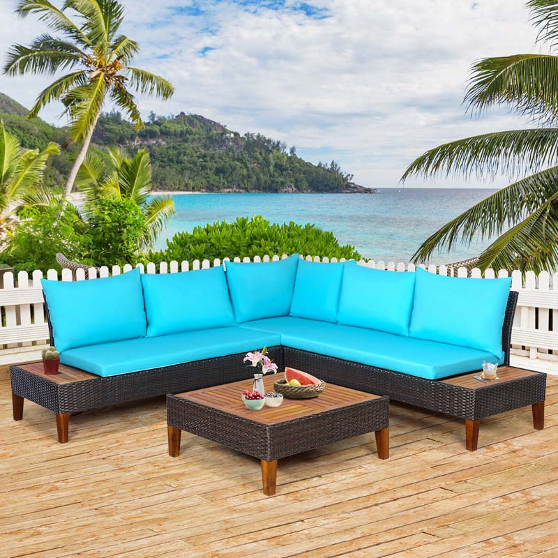 4 Pcs Acacia Wood Rattan Patio Conversation Set Outdoor Sectional Sofa Set with Coffee Table