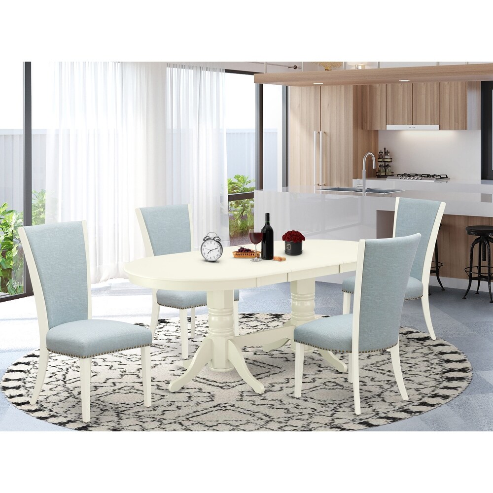 East West Furniture Dining Table Set  an Oval Dinner Table and Baby Blue Linen Fabric Chairs  Linen White(Pieces Options)