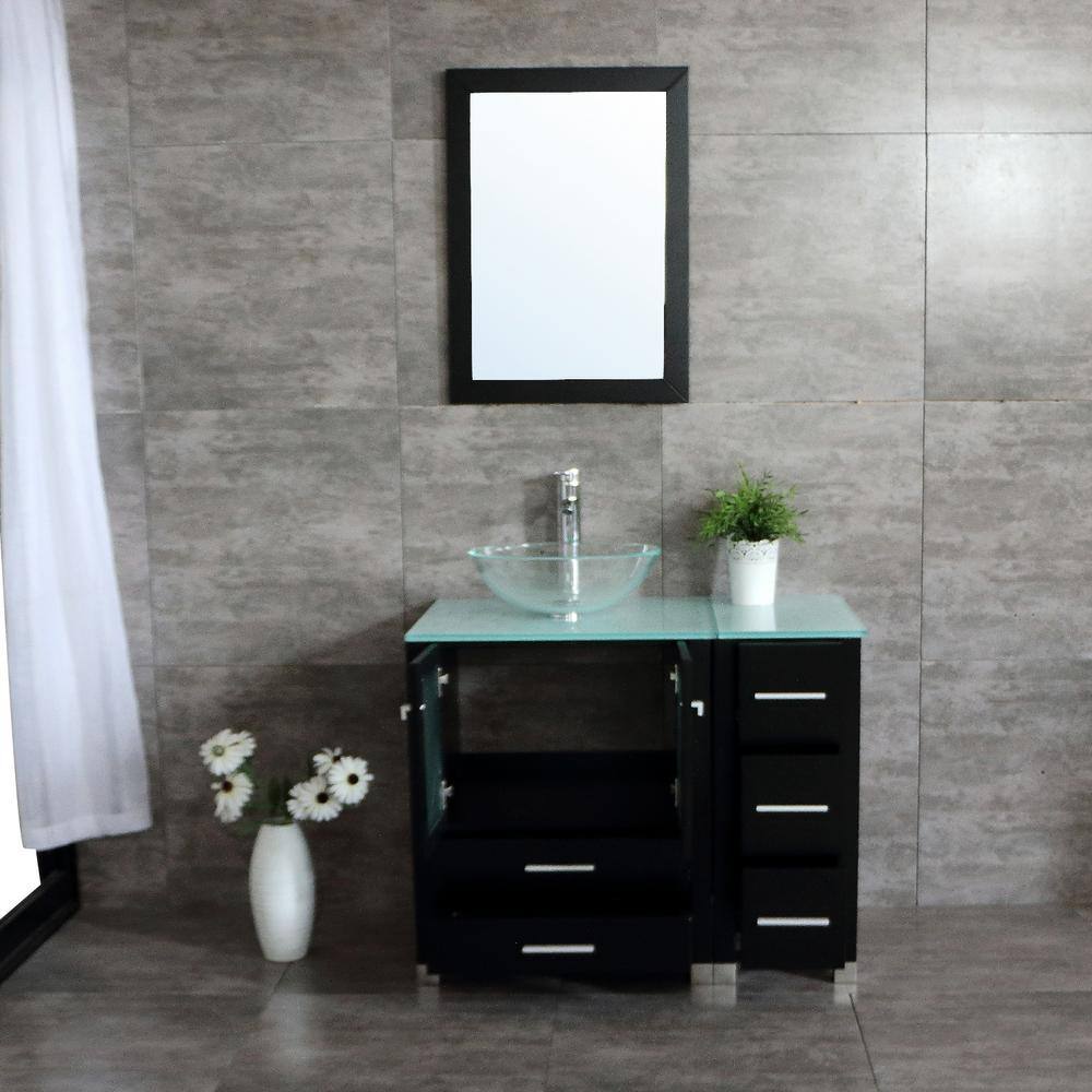 Wonline 36 in. W x 21.3 in. D x 29.1 in. H Single Sink Bath Vanity in Black with Glass Top and Mirror 4181+4182+4075