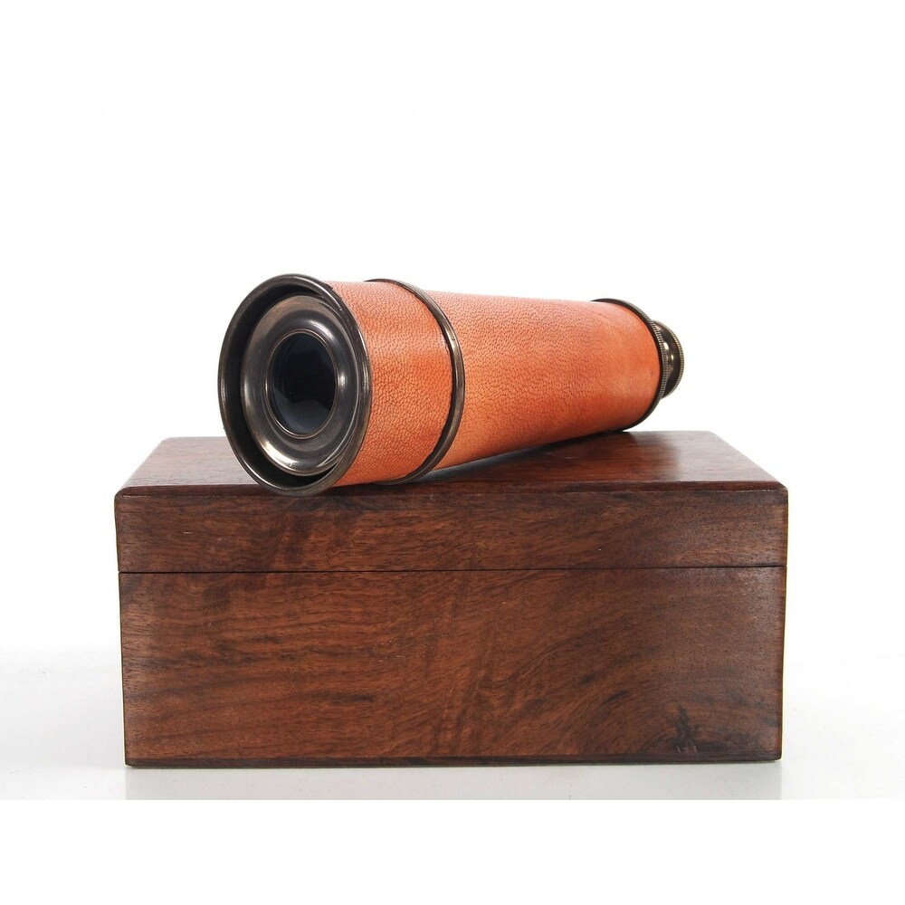 Natural Leather and Brass Handheld Telescope in Wood Box   16x2.25x2.25\