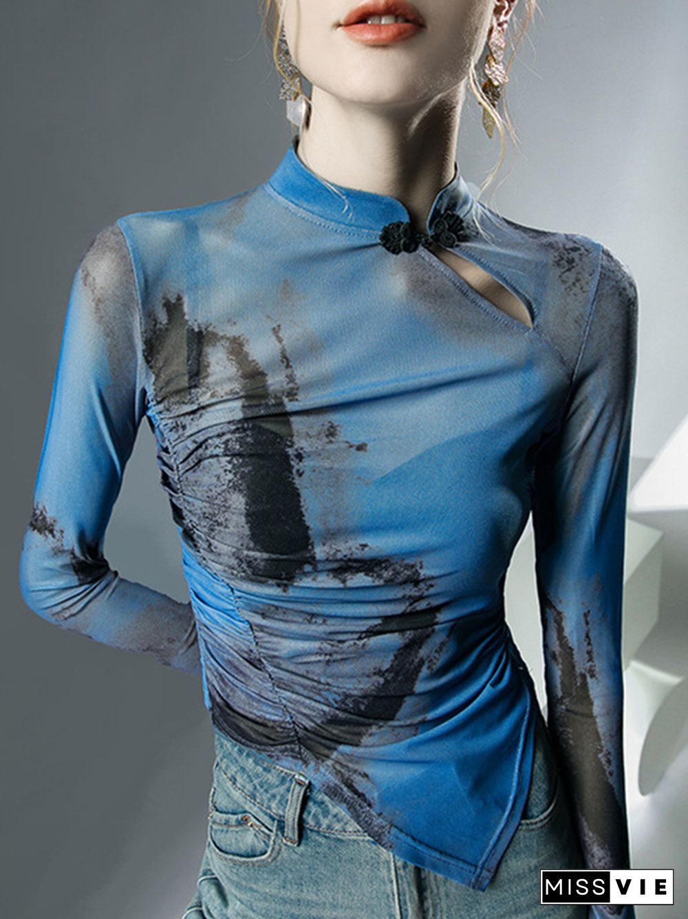 Long Sleeves Plus Size Asymmetric Hollow Mesh See-Through Wash Painting Mock Neck T-Shirts Tops