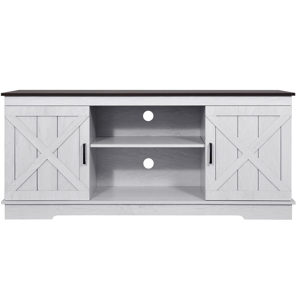 Evelynn Wood Farmhouse TV Stand for 65 Inch TV Sliding Barn Doors Grey White