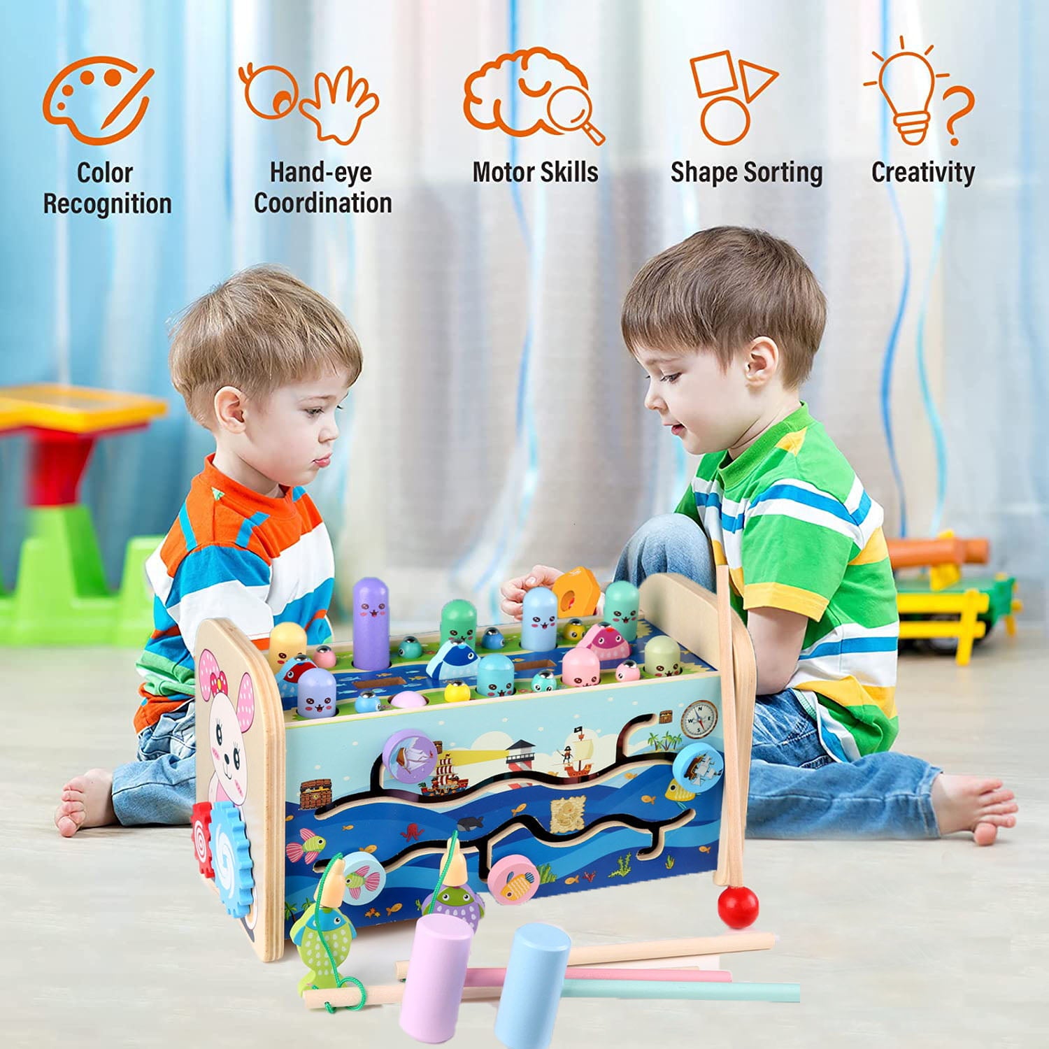 Baby Toys for 12-24 Months，  7 in 1 Wooden Hammering Pounding Toys， Montessori Early Development Toys