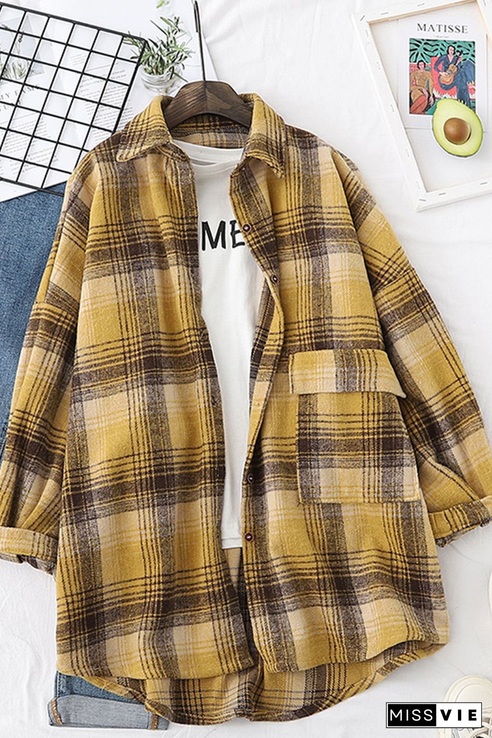 Plaid Button Down Pocketed Shacket Shirts Women Wholesale