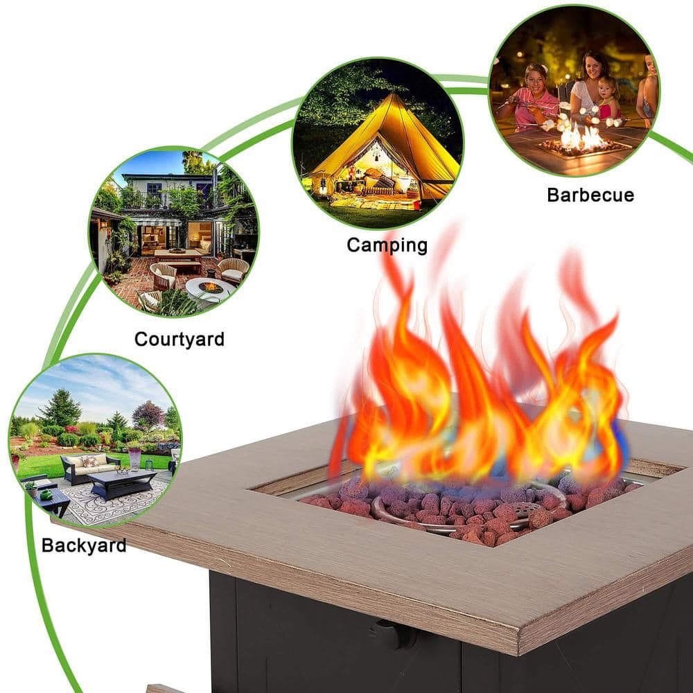 Afoxsos 28 in. 48,000 BTU Outdoor Gas Fire Pit Table, Square Outdside Propane Patio Firetable, Bionic Wood Grain Lid HDMX680