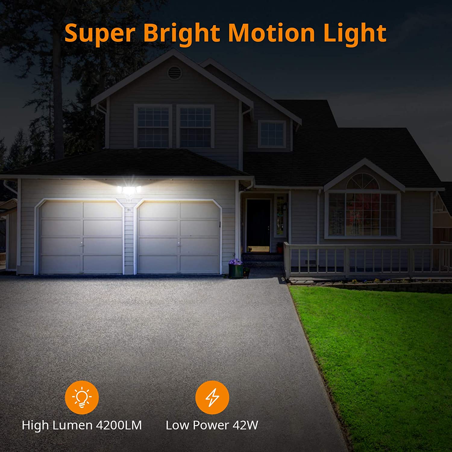 LEPOWER 42W LED Security Lights Motion Sensor Outdoor Light， 4200LM Dusk to Dawn Flood Light， Innovative Head Design， 3 Modes， 5000K， IP65 Waterproof， 3 Head Motion Detected for Garage， Yard