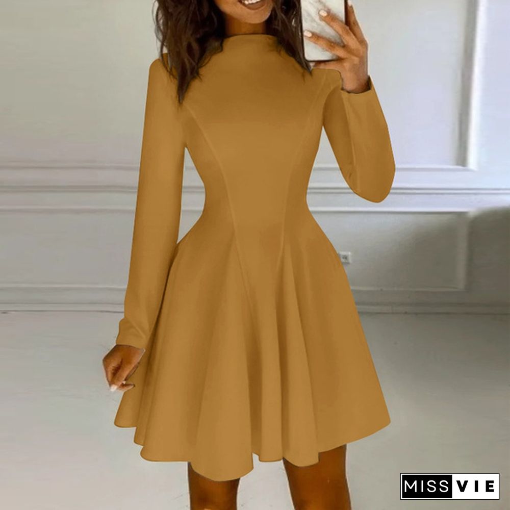 Women Long Sleeve Mock Neck Skater Dress Club Mini Dress