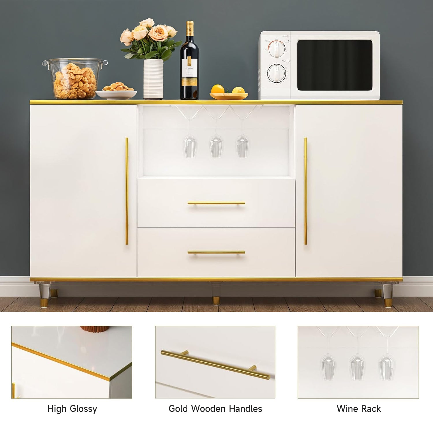 Buffet Cabinet High Glossy Kitchen Sideboard Cabinet with Drawers, Wine Glass Holder, Adjustable Shelf