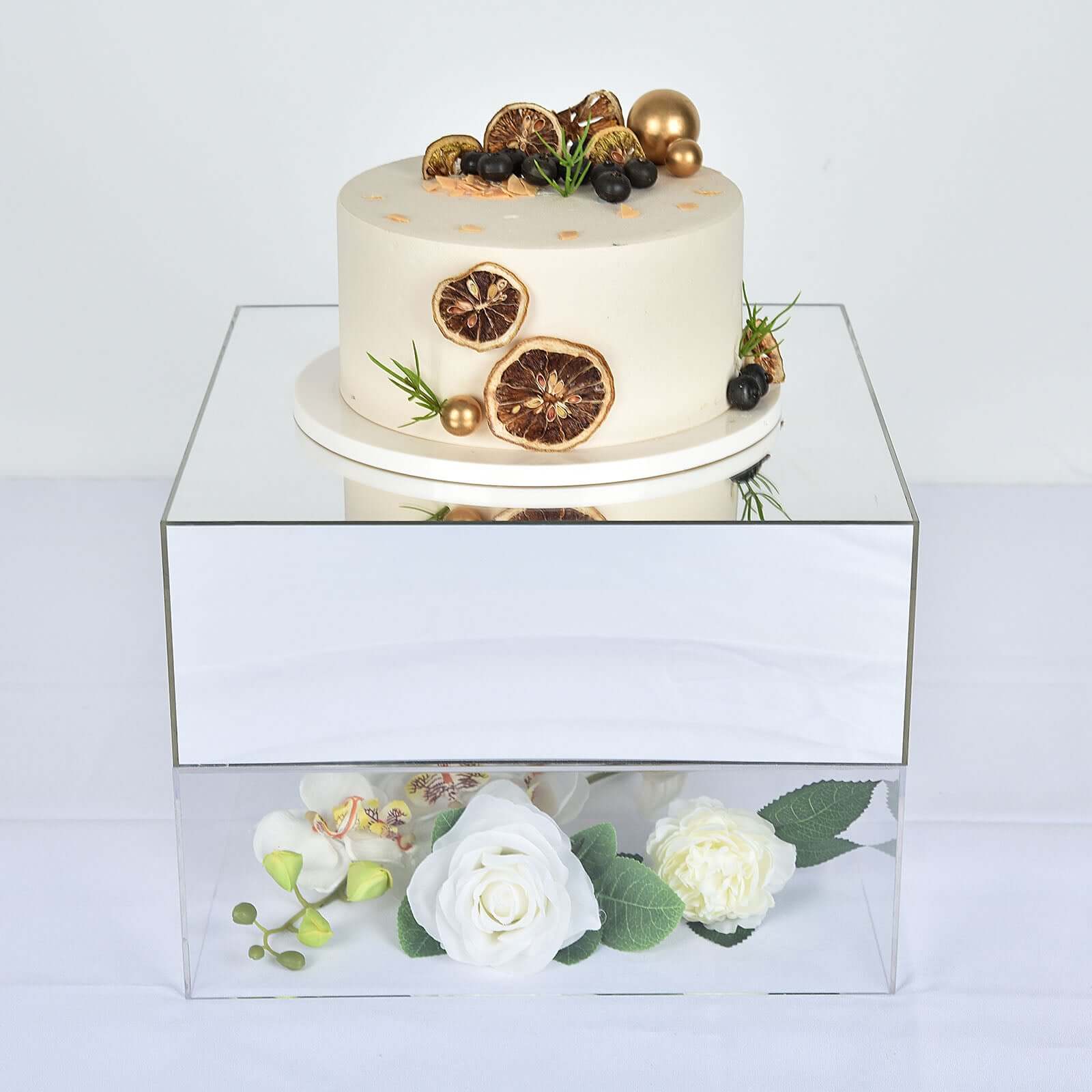 Silver Mirror Finish Acrylic Cake Box Stand, Display Box Pedestal Riser with Hollow Bottom 14