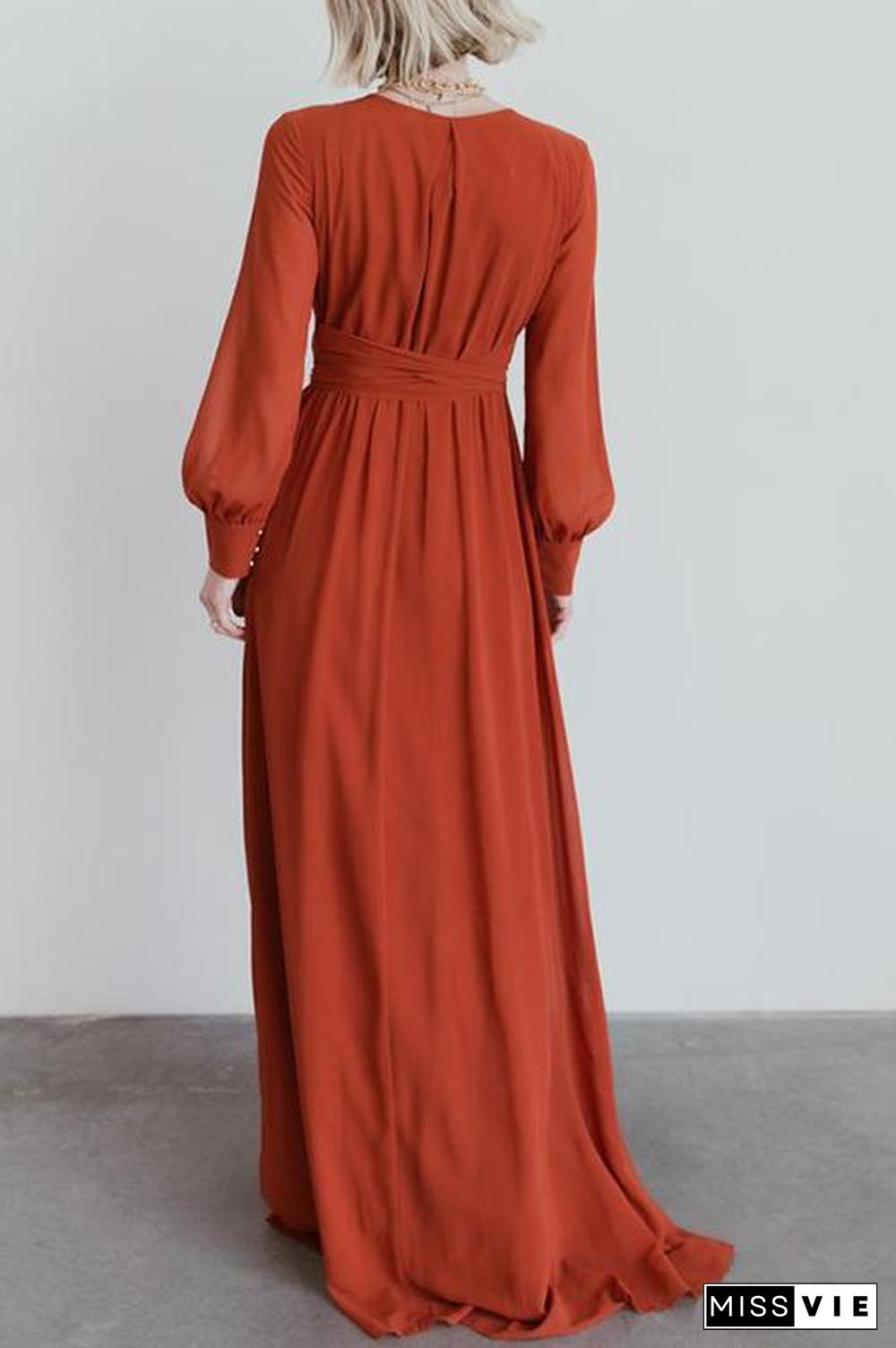 Button Puff Sleeve Belted Maxi Dress