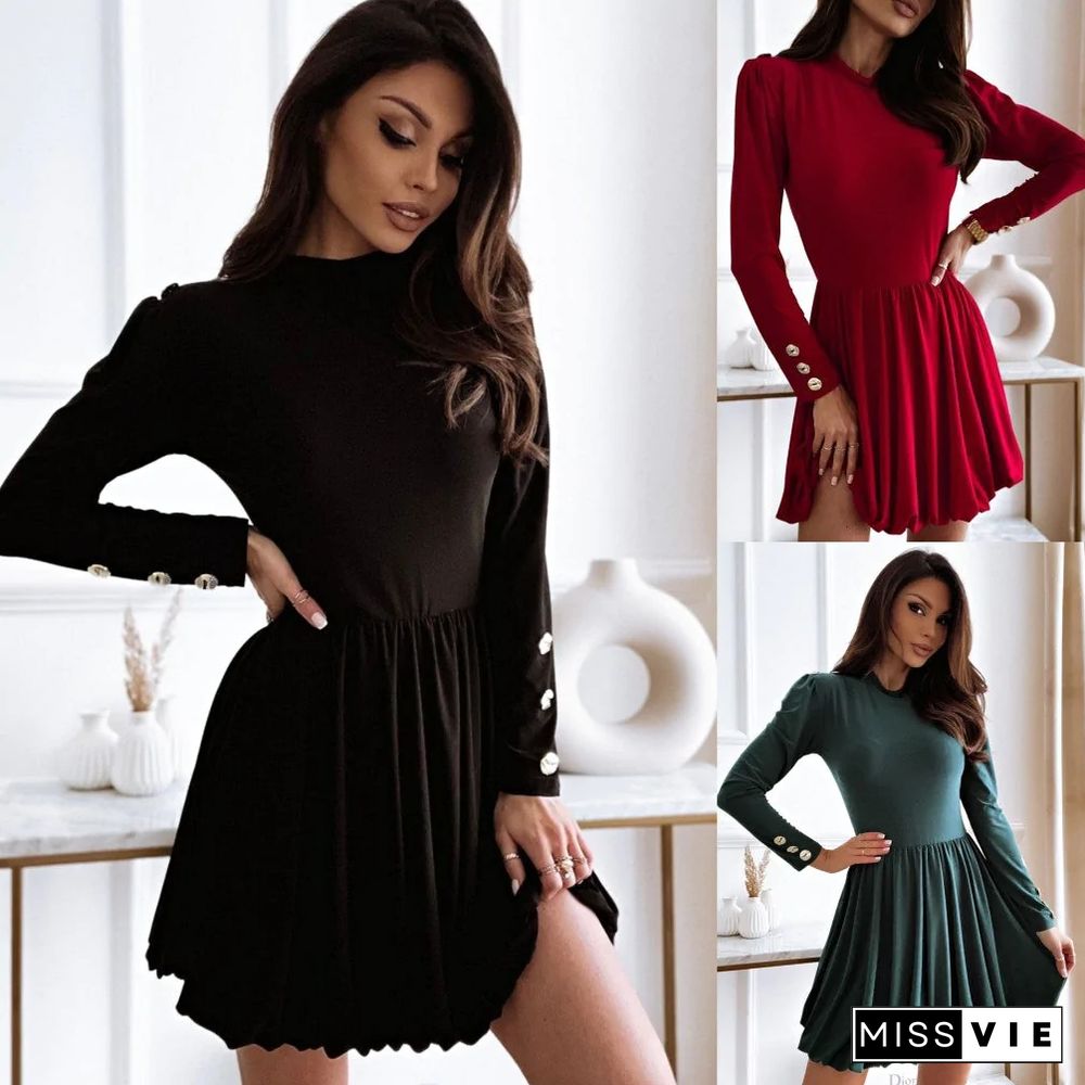 Women's Long Sleeve Solid Color Button Dress