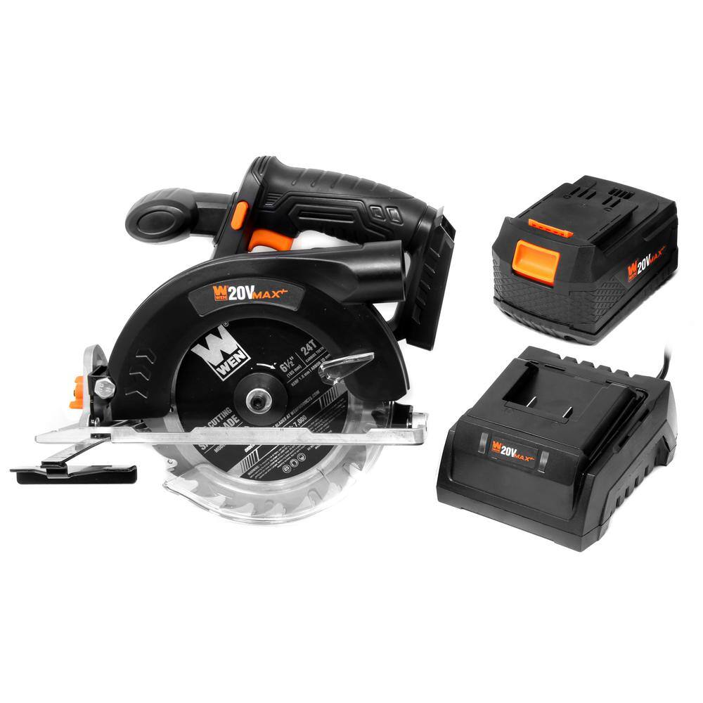 WEN 20-Volt Max 6.5 in. Cordless Circular Saw with 4.0 Ah Lithium-Ion Battery and Charger 20625