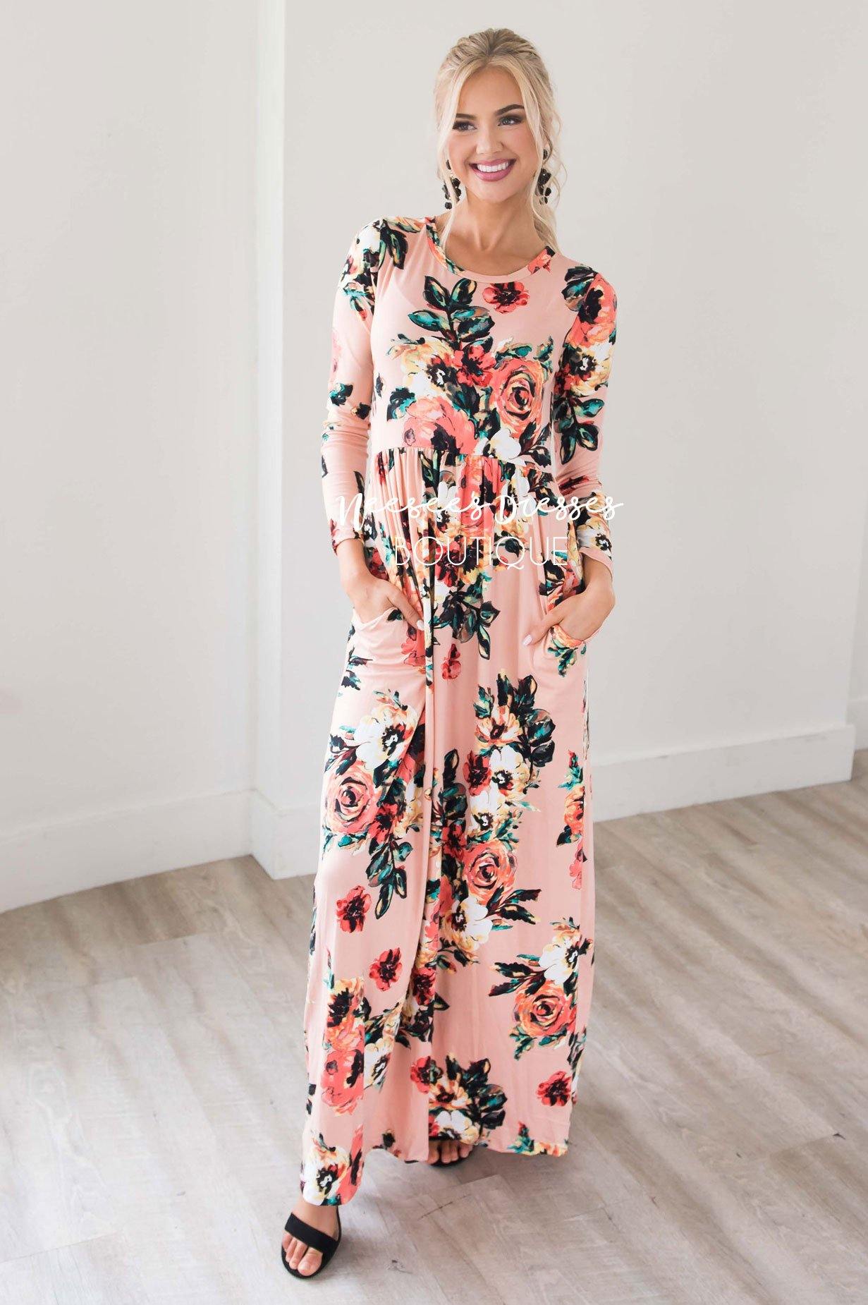 Peach Watercolor Long Sleeve Maxi Dress