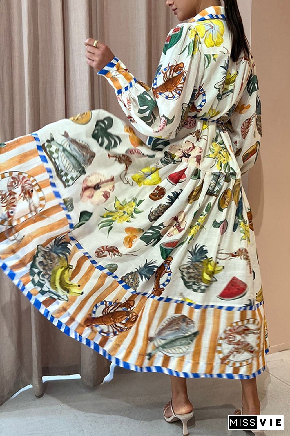 Casual Sweet Print Frenulum Buckle Shirt Collar A Line Dresses