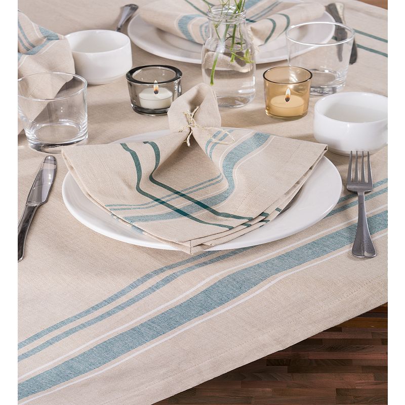 White and Teal French Striped Chambray Round Tablecloth 70