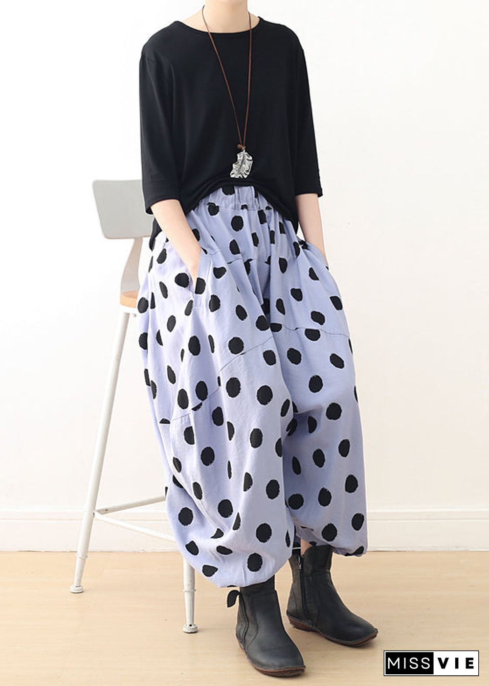 Organic wide leg pants Cotton clothes Women Shape blue dotted A Line pants spring