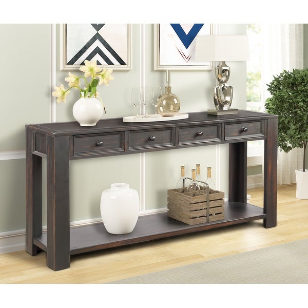 Rectangular Classic Accent Console Table for Entryway Hallway Sofa Table with 4 Storage Drawers and 1 Bottom Shelf， Black