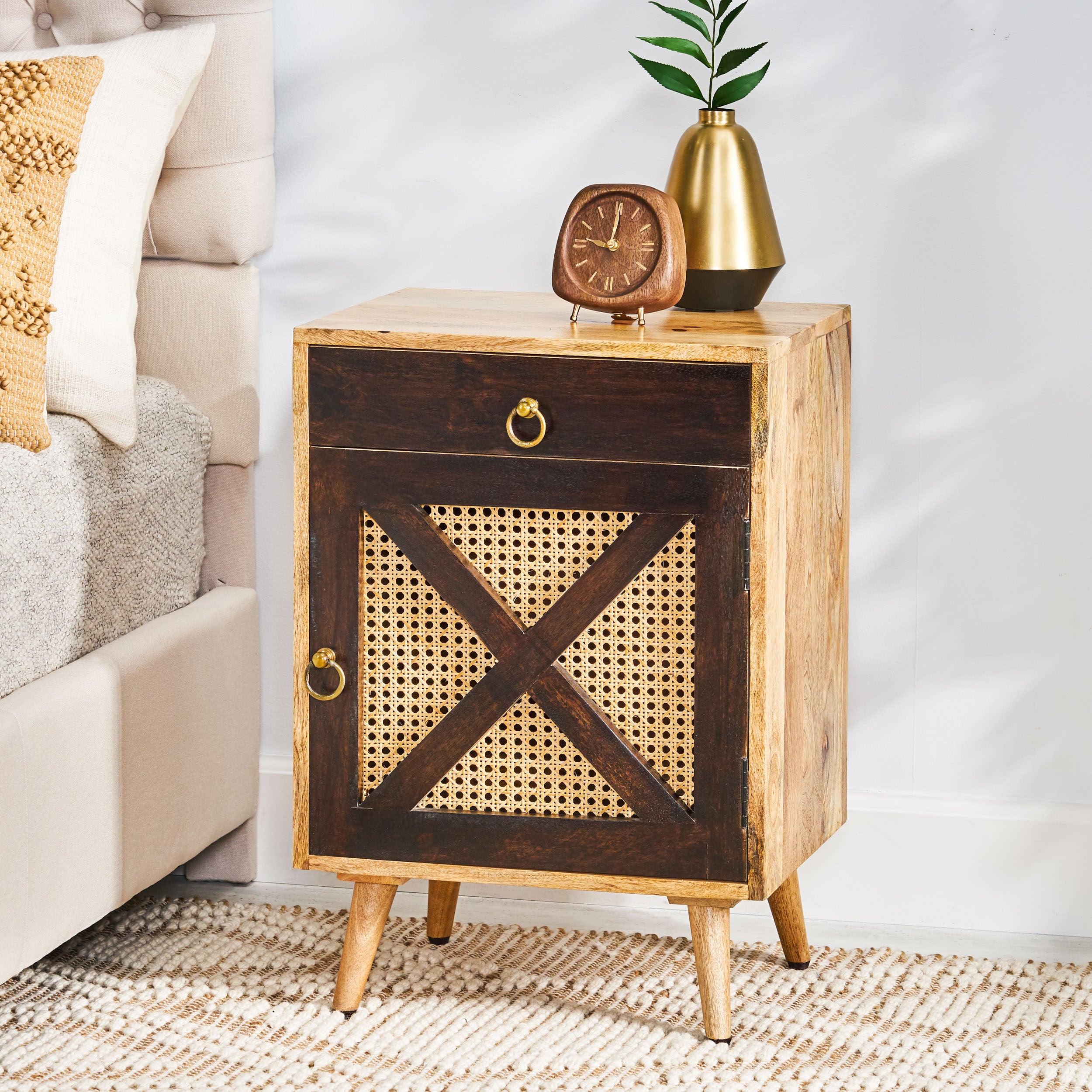 Pendroy Boho Handcrafted Mango Wood Nightstand with Storage, Natural and Walnut