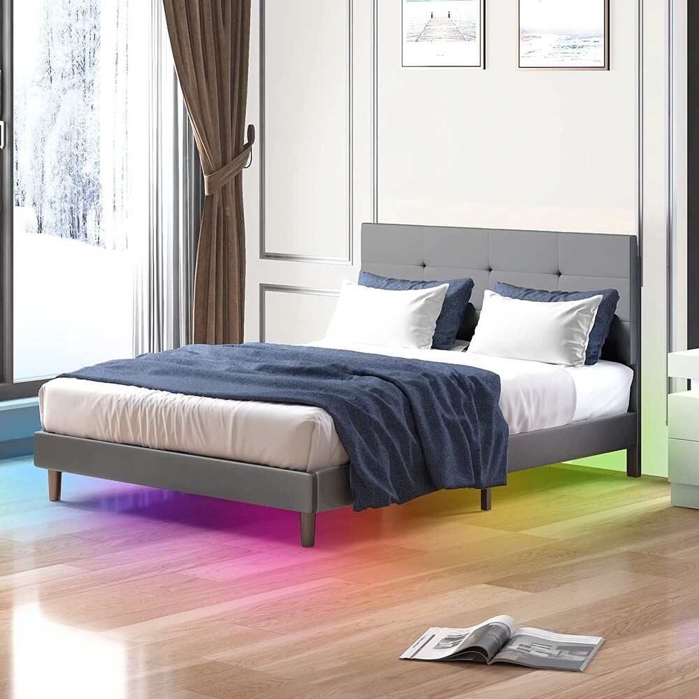 Mixoy Bed Frame with Smart RGB LED Lights Button Tufted Headboard PVC Fabric Upholstered Platform No Box Spring Needed