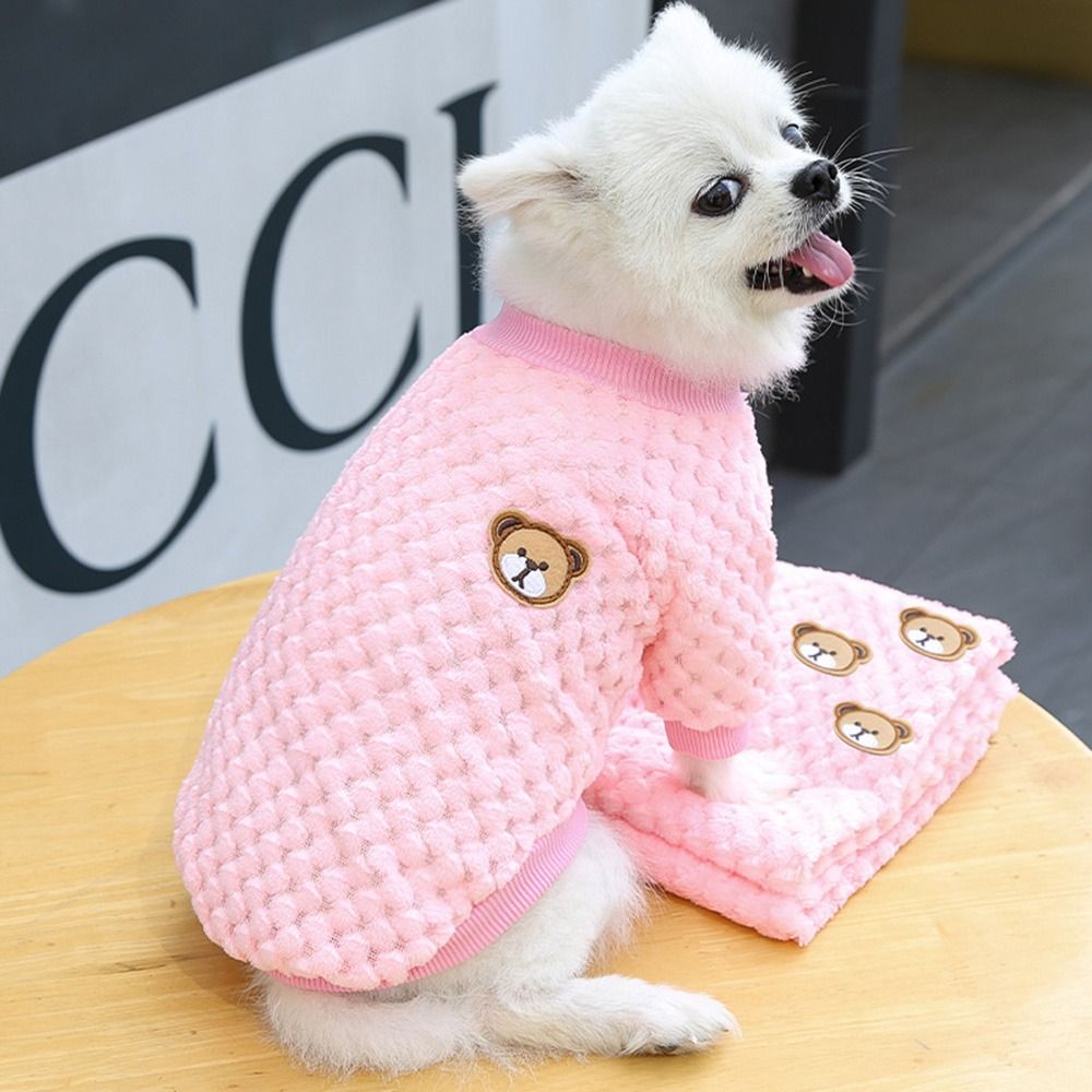 Cat For Small Dogs Warm Winter Bear Embroidery Dog Vest Pet Outfits Plush Coat Pet Clothes PINK L