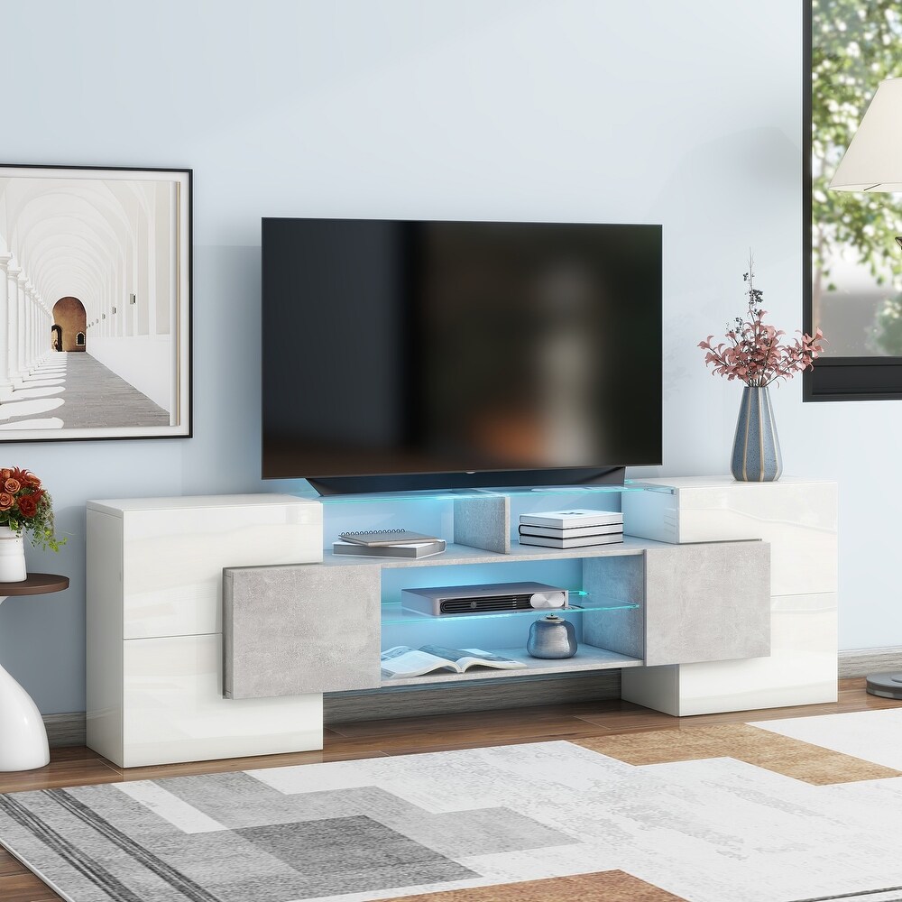 High Gloss TV Stand with 2 Illuminated Glass Shelves and Storage Cabinets  Entertainment Center with LED Lights for 80\