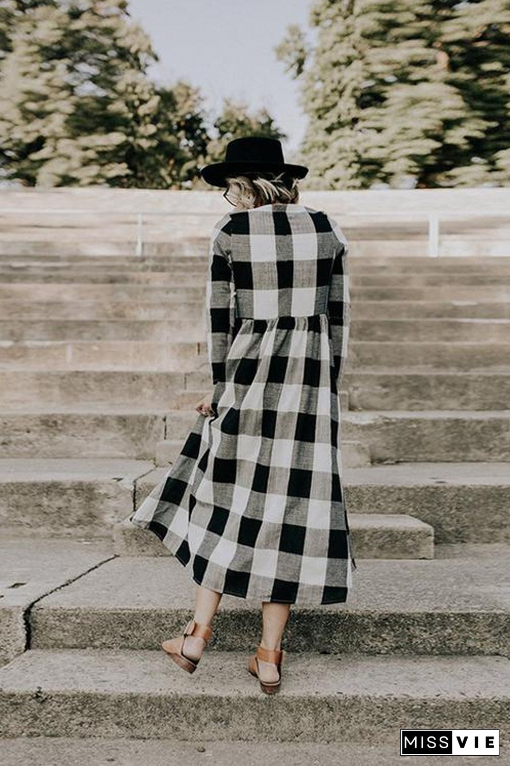 Countryside Vibe Tartan Long Sleeve Maxi Dress