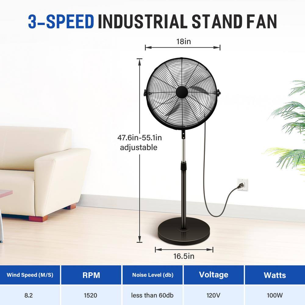 Aoibox 18 in. Black High-Velocity Heavy Duty Metal Pedestal Standing Fan For Industrial Commercial Residential Greenhouse Use SNSA11FN008