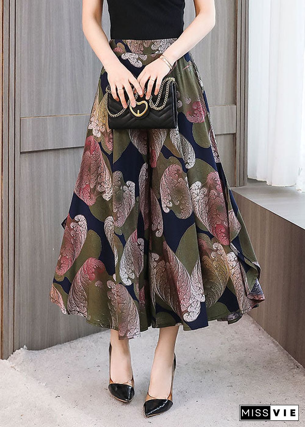 Italian Colorblock Elastic Waist Pockets Print Chiffon Wide Leg Pant Skirt Summer