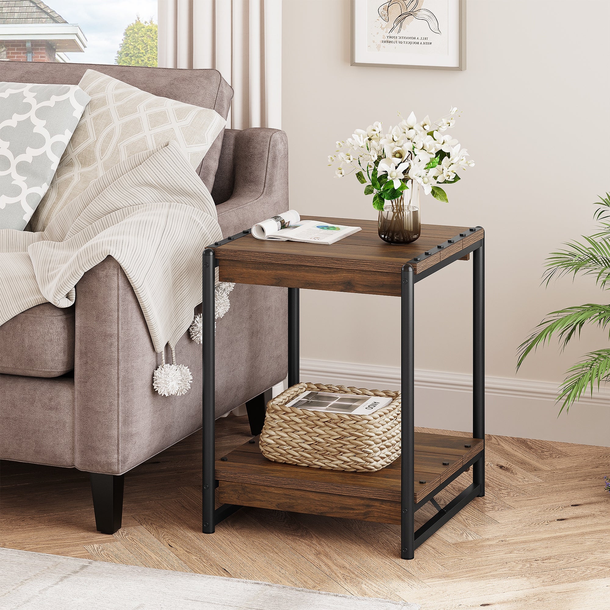 Farmhouse End Table， 19.6 Inch Sofa Side Table with 2-Tier Storage， Square End Table with Sturdy Frame