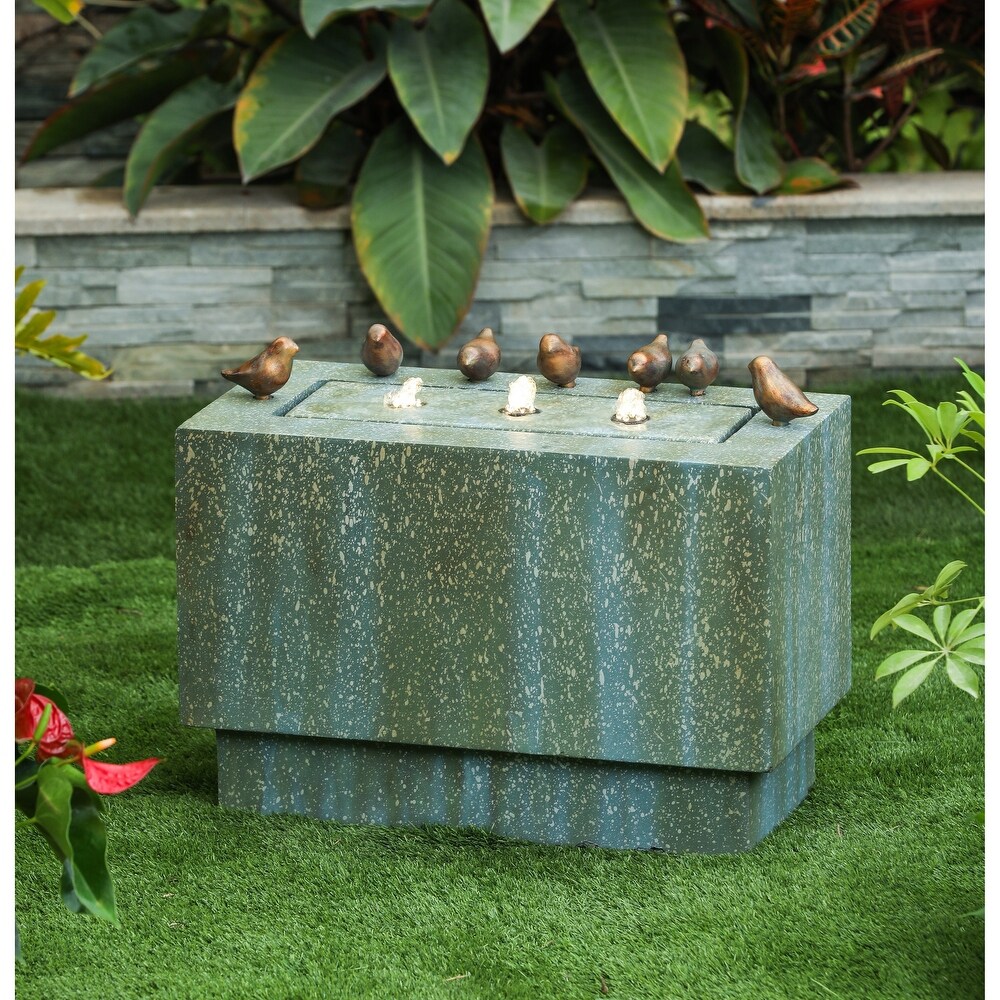 Patina Resin Bubbler Outdoor Fountain with LED Lights and Birds