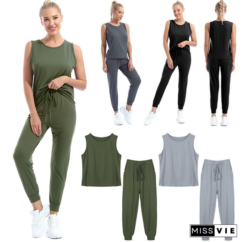 Women’S Solid Color Two Piece Outfit Sleeveless Crewneck Pullover Tops And Long Pants Sweatsuits Tracksuits