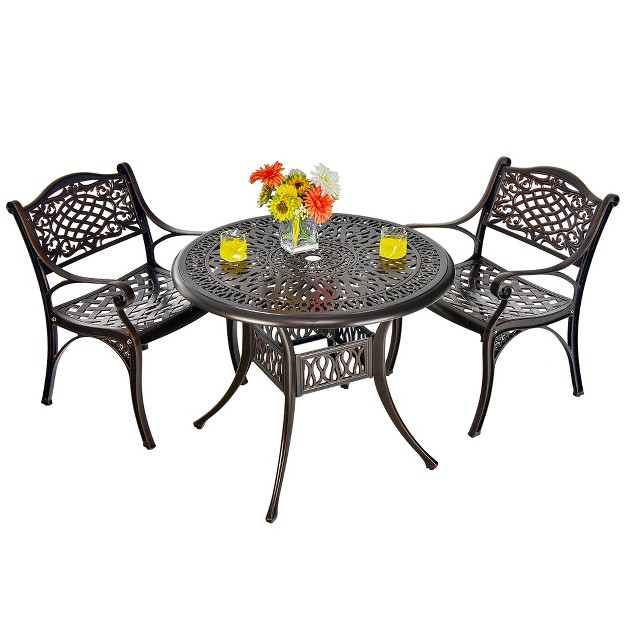 Costway 3 Pcs Patio Dining Bistro Set Cast Aluminum Round Patio Table W chairs