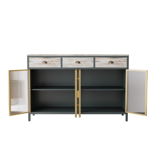 4 Glass Doors Modern Sideboard with 3 Top Drawers， Freestanding Sideboard