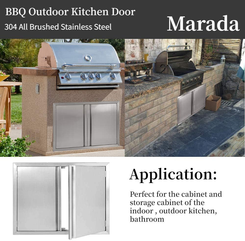 Marada 29.5" W x 22" H Double Door Kitchen Outdoor 304 All Brushed Stainless Steel Flush Mount Double Wall Door for BBQ Island & Gril