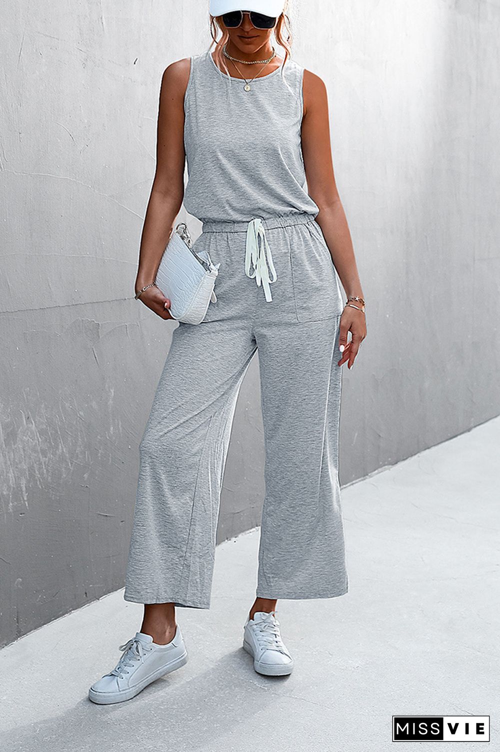 Solid Sleeveless Drawstring Waist Jumpsuit Wholesale