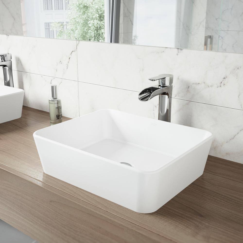 VIGO Marigold Modern White Matte Stone 18 in. L x 14 in. W x 5 in. H Rectangular Vessel Bathroom Sink VG04003