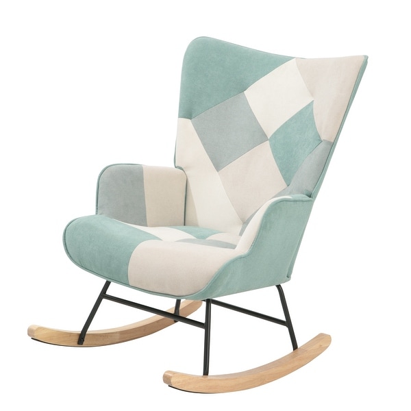 Fabric Rocker Chair with Wood Legs and Patchwork Linen