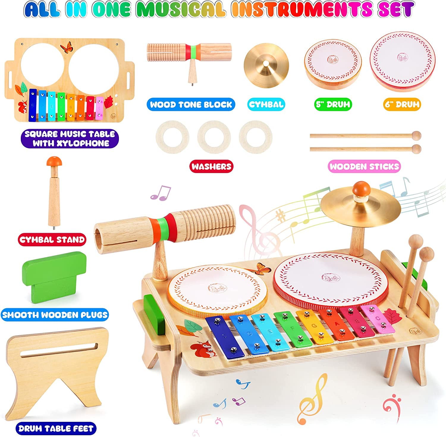 SWEET TIME Kids Drum Set for Toddlers Baby Music Instrunents 7 in 1Montessori Preschool Musical Toys Children Drum kit Xylophone Tambourine Birthday Gifts for Boys and Girls