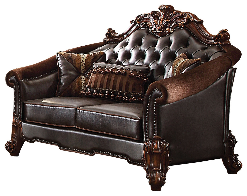 Leatherette Crown Top Loveseat With Pillows And Scrolled Legs  Cherry Brown   Victorian   Loveseats   by VirVentures  Houzz