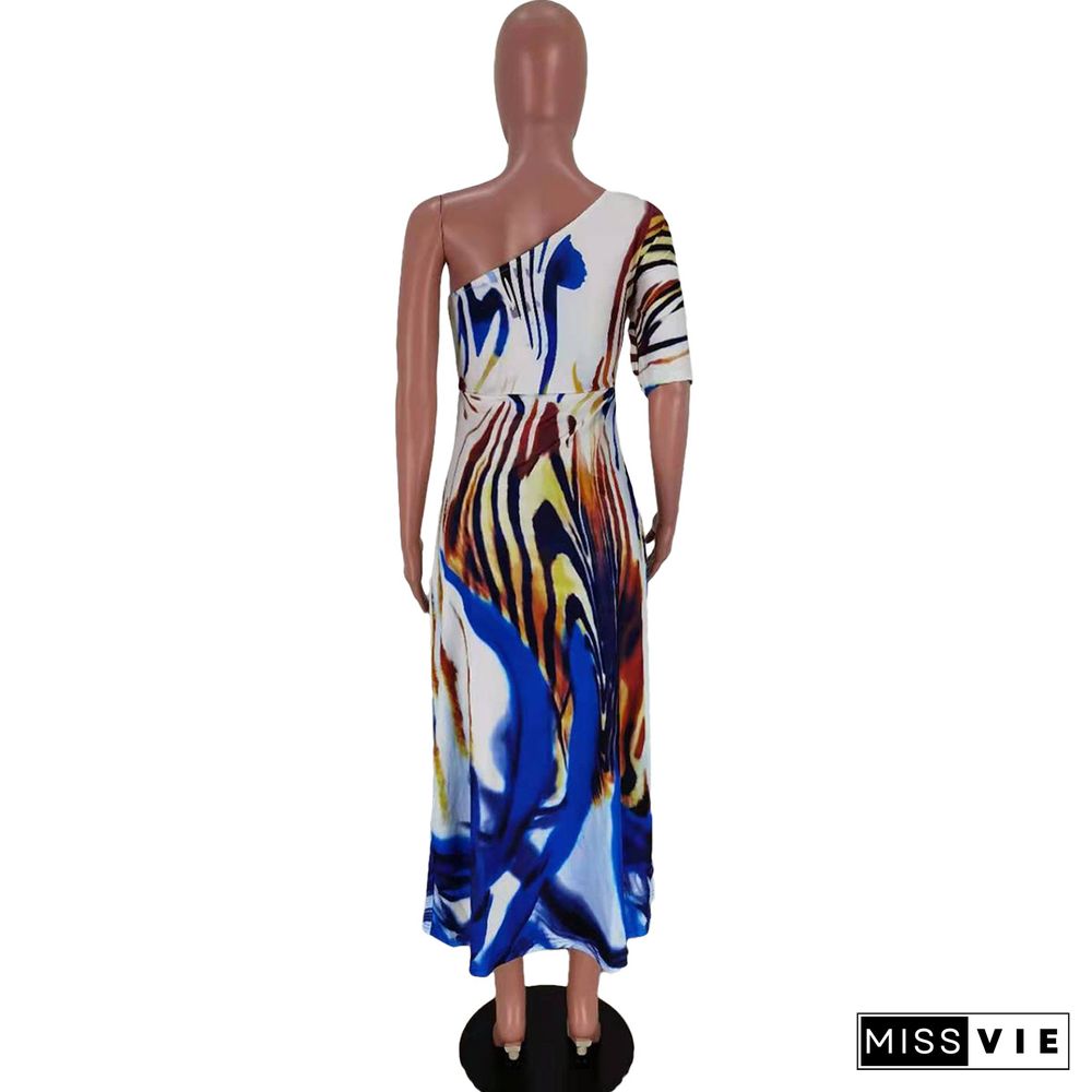 Summer Fashion Women Print Skew Shoulder Short Sleeve Loose Fit Beach Party Long Maxi Dress